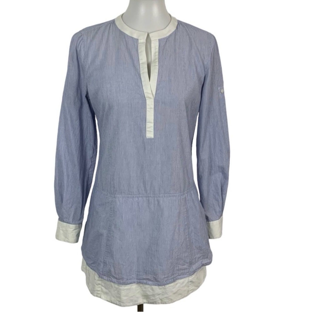 BCBGMaxAzria Rebeka Dress Sz S Small pinstripe Blue Cuff Sleeve Tunic